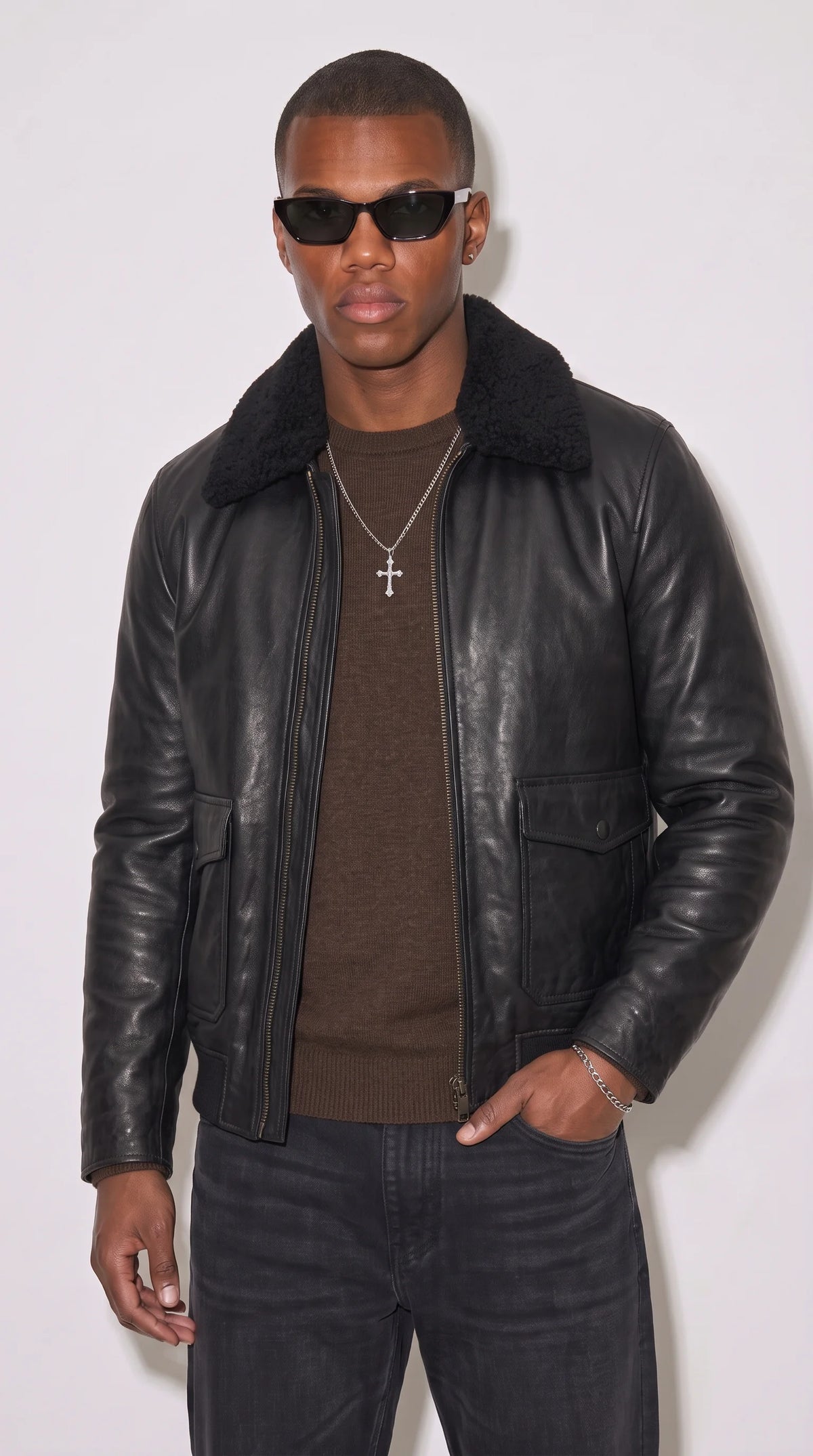 BLACK LEATHER BOMBER JACKET WITH BLACK SHEARLING