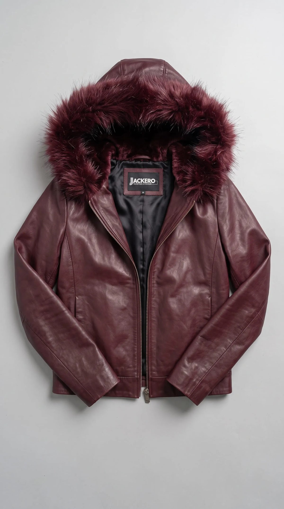 DARK RED VINE LEATHER BAGGY OVERSIZED JACKET WITH BLACK FUR