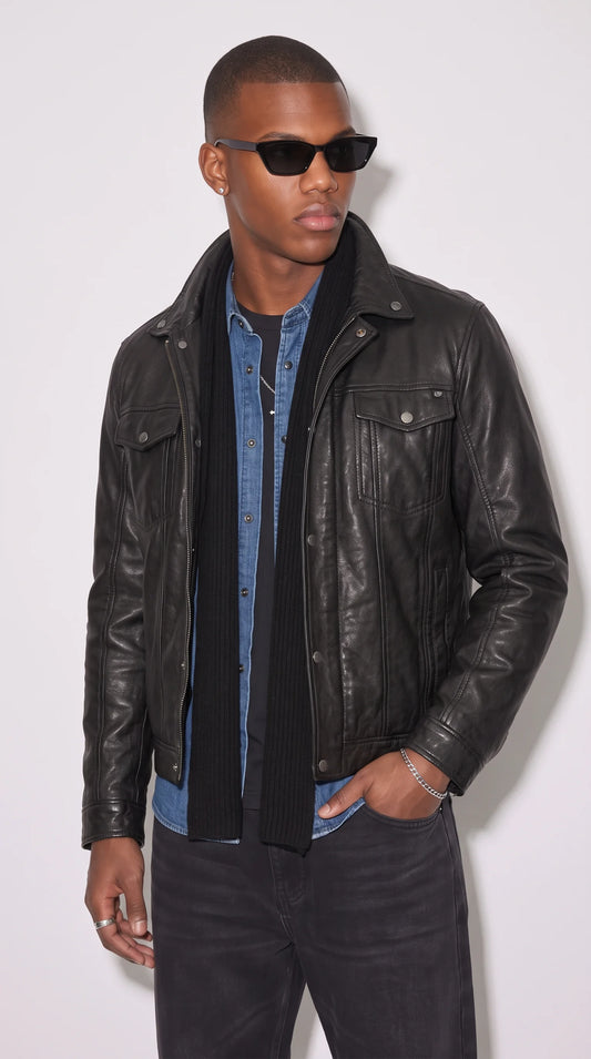 BLACK LEATHER TRUCKER JACKET