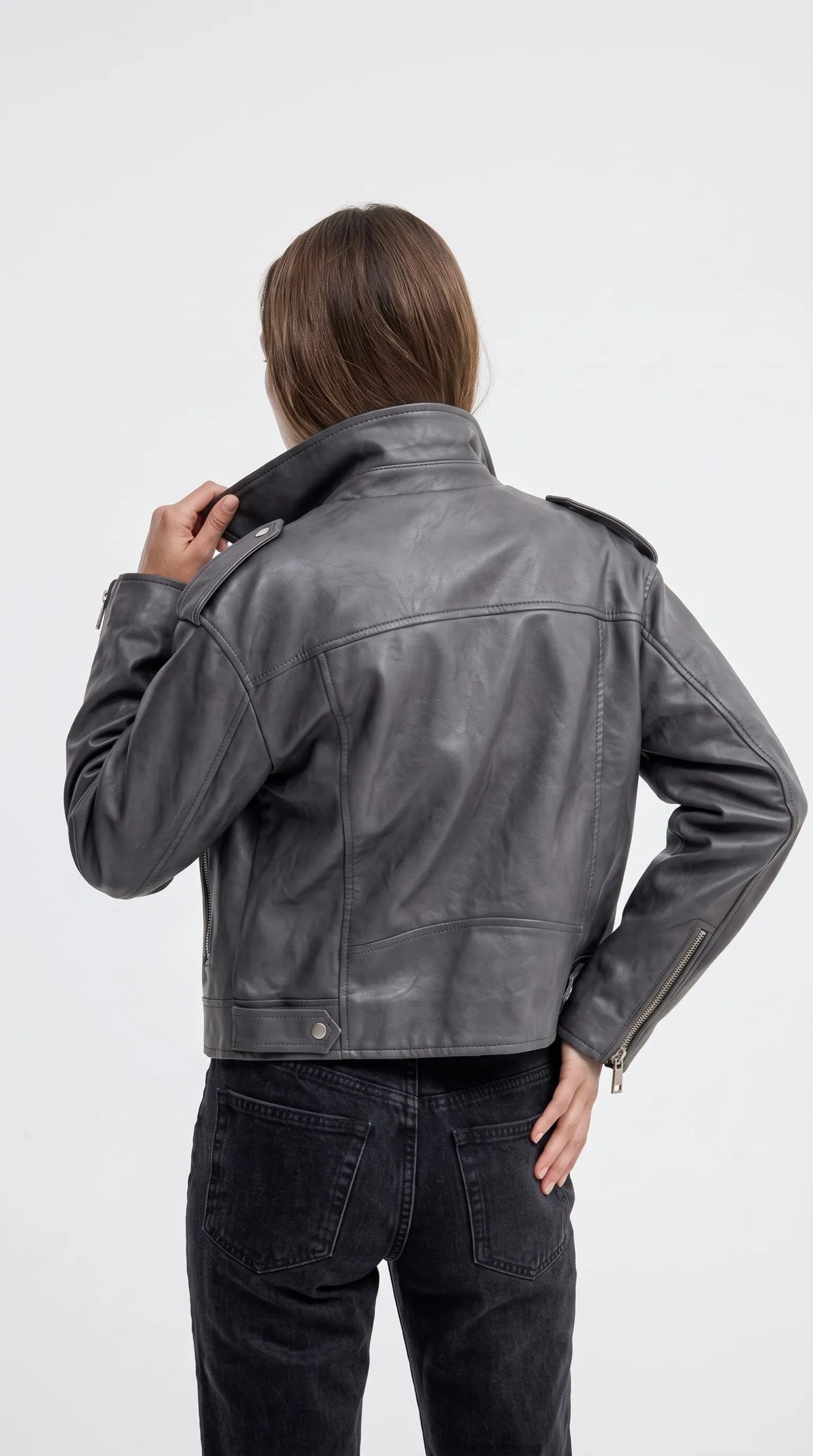 GREY LEATHER BIKER JACKET
