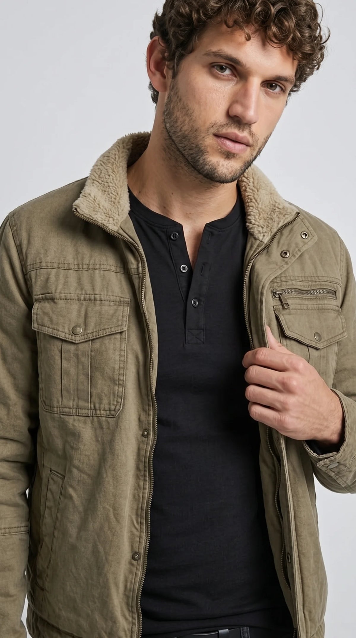 OLIVE COTTON SHEARLING JACKET