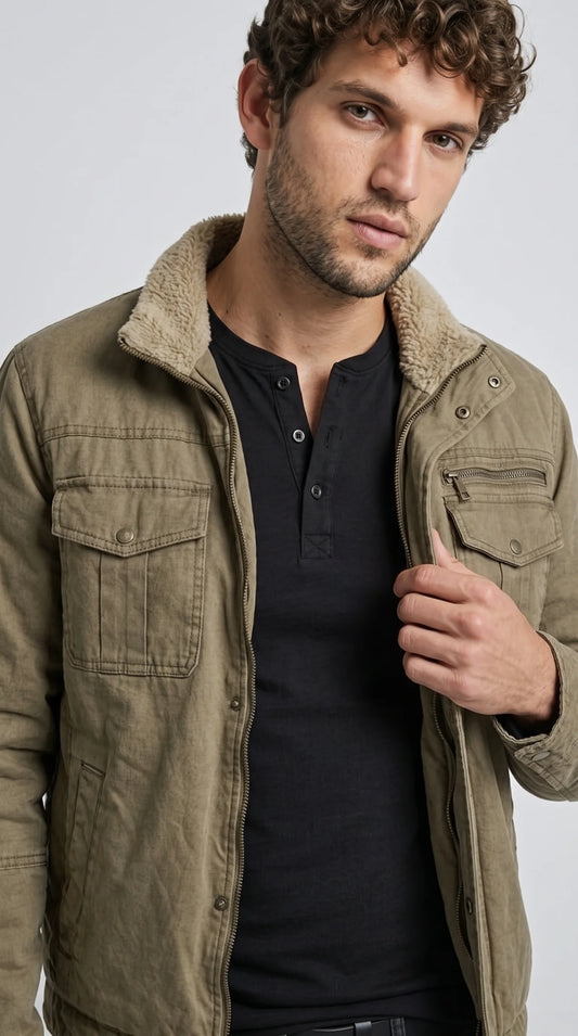 OLIVE COTTON SHEARLING JACKET