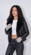 BLACK LEATHER BIKER AVIATOR FLIGHT JACKET WITH PLUSH BLACK FAUX FUR