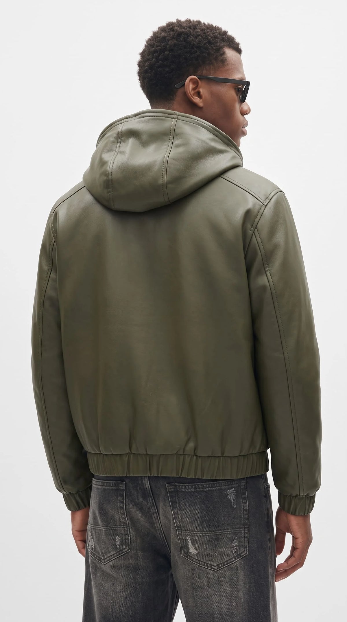 DARK GREEN LEATHER BOMBER JACKET WITH SHEARLING-LINED HOOD
