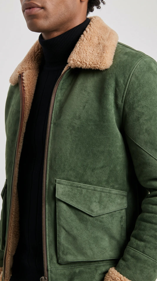 OLIVE GREEN SUEDE AVIATOR JACKET WITH CREAM SHEARLING