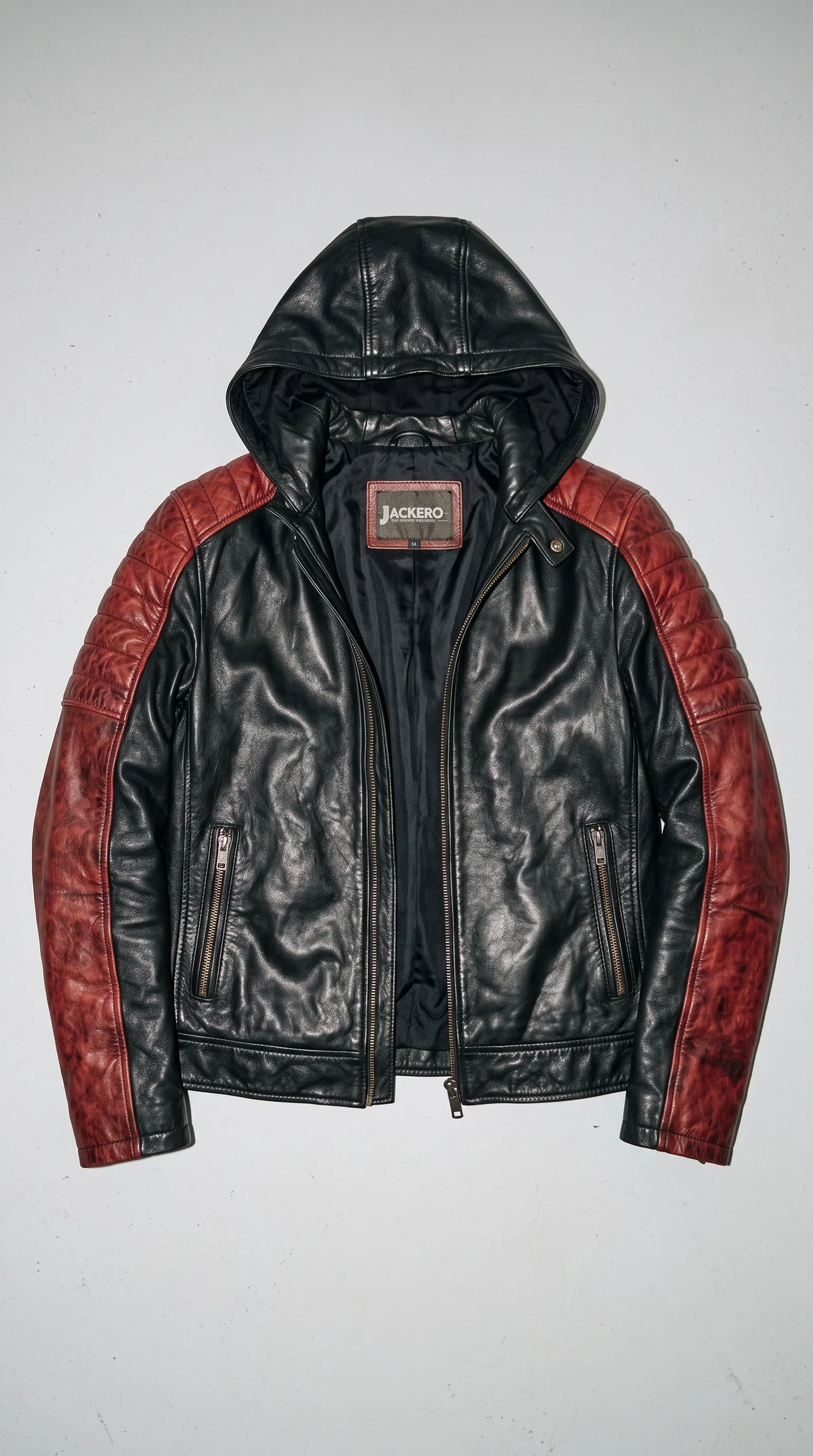 PREMIUM DARK BLACK AND RED QUILTED LEATHER JACKET WITH HOOD