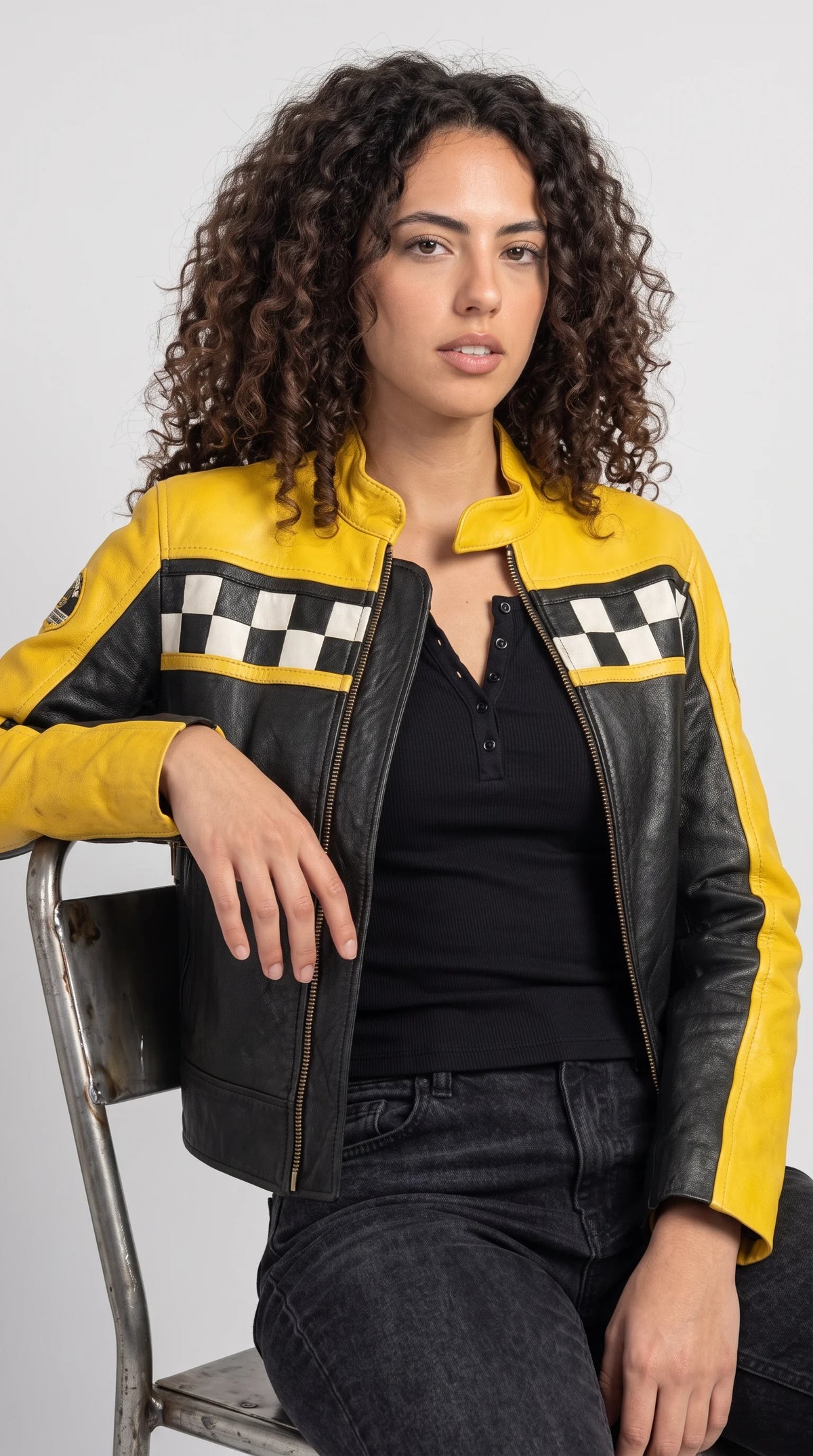 BOLD BLACK AND YELLOW LEATHER CAFE RACER JACKET