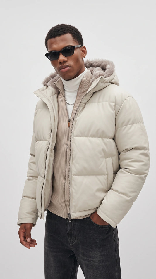 WHITE PUFFER JACKET WITH FUR-TRIMMED HOOD