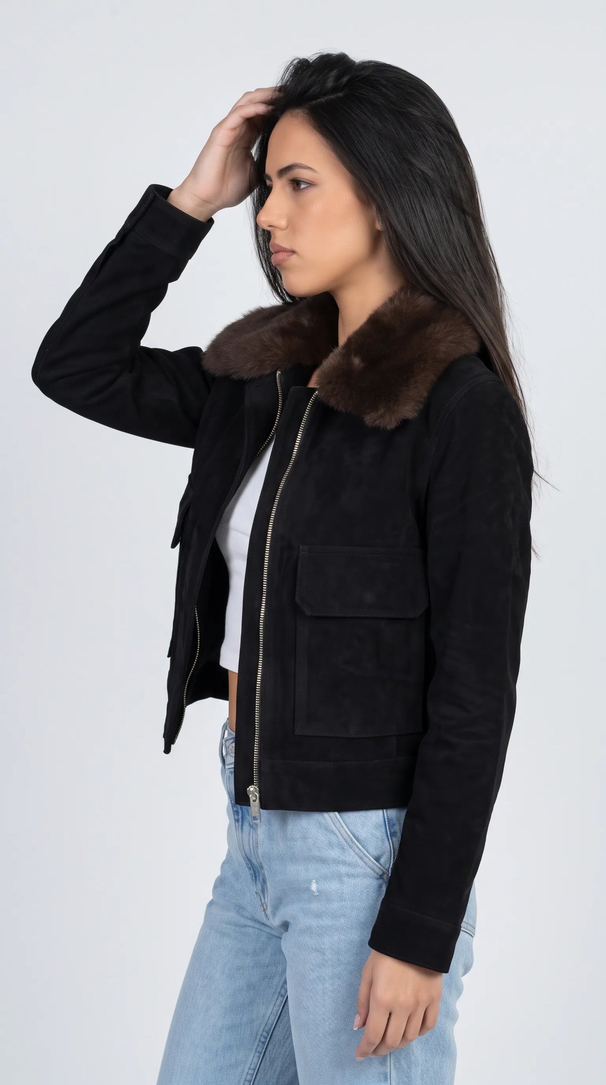 DARK BLACK SUEDE JACKET WITH DARK CHOCOLATE SHEARLING