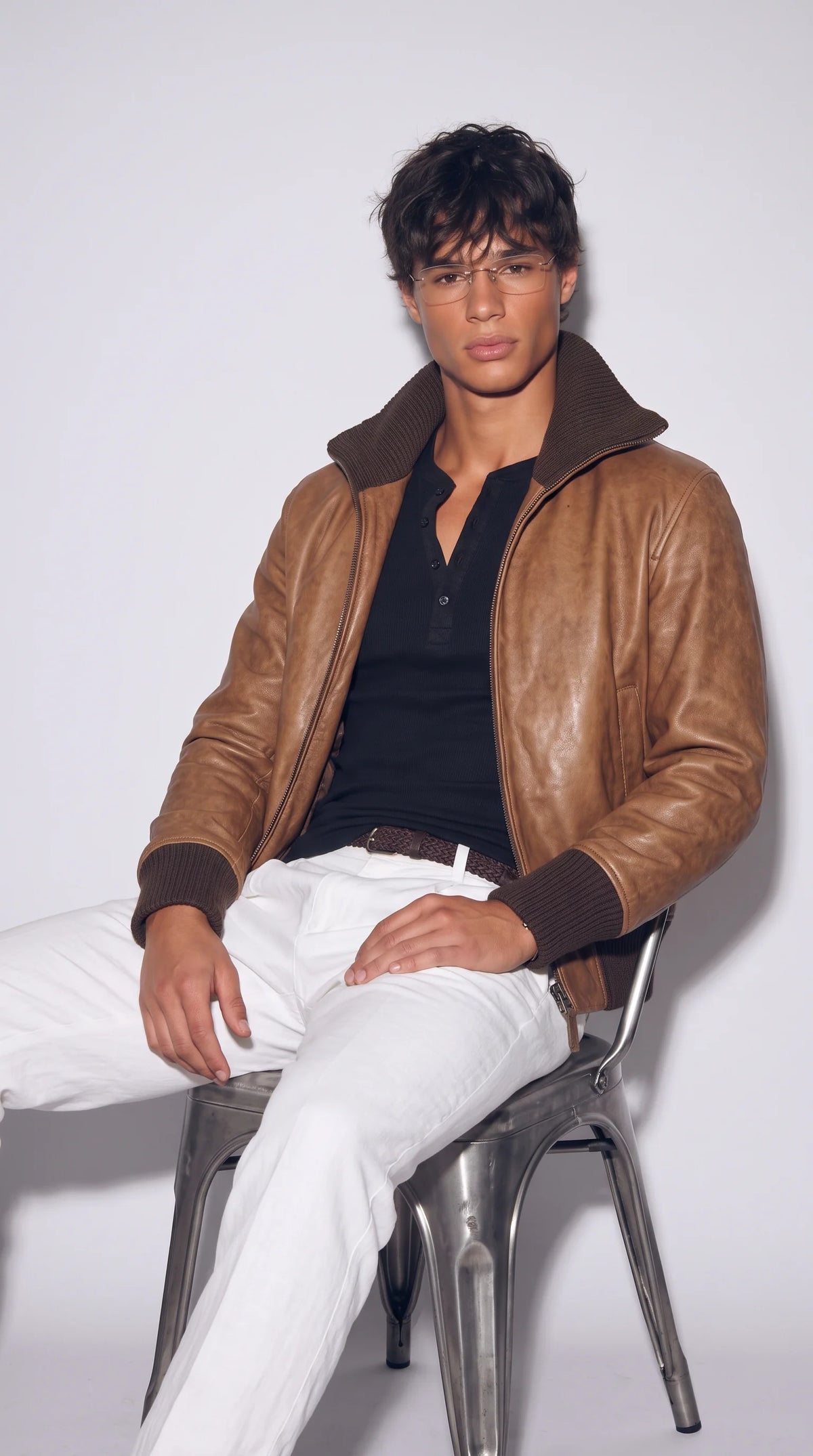 DARK BROWN LEATHER BOMBER JACKET