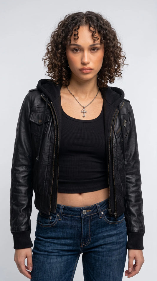 BLACK LEATHER HOODED YK2 BOMBER JACKET
