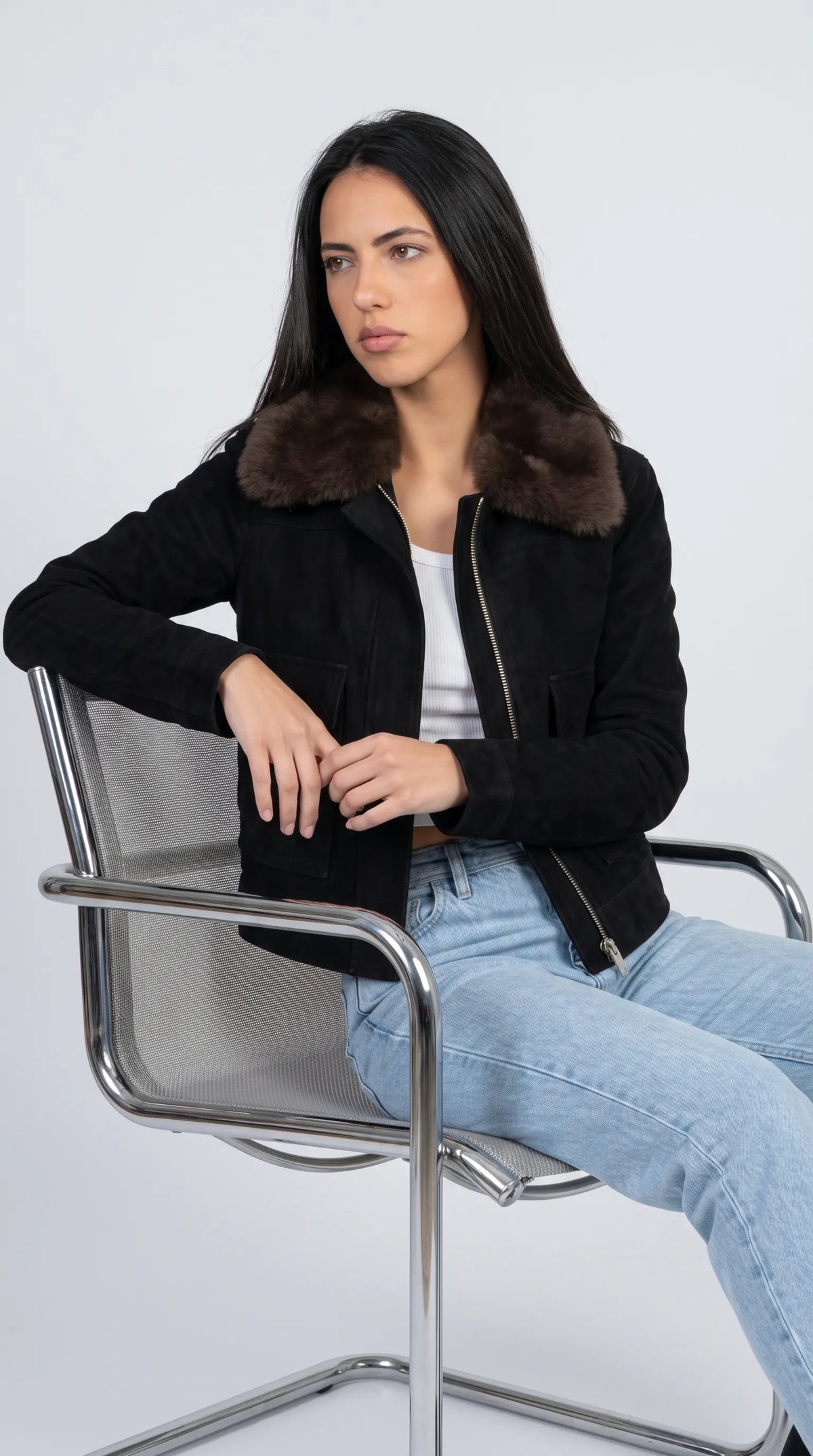 DARK BLACK SUEDE JACKET WITH DARK CHOCOLATE SHEARLING