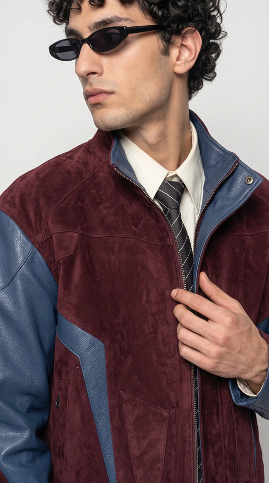 DARK RED SUEDE AND DARK BLUE LEATHER OVERSIZED JACKET