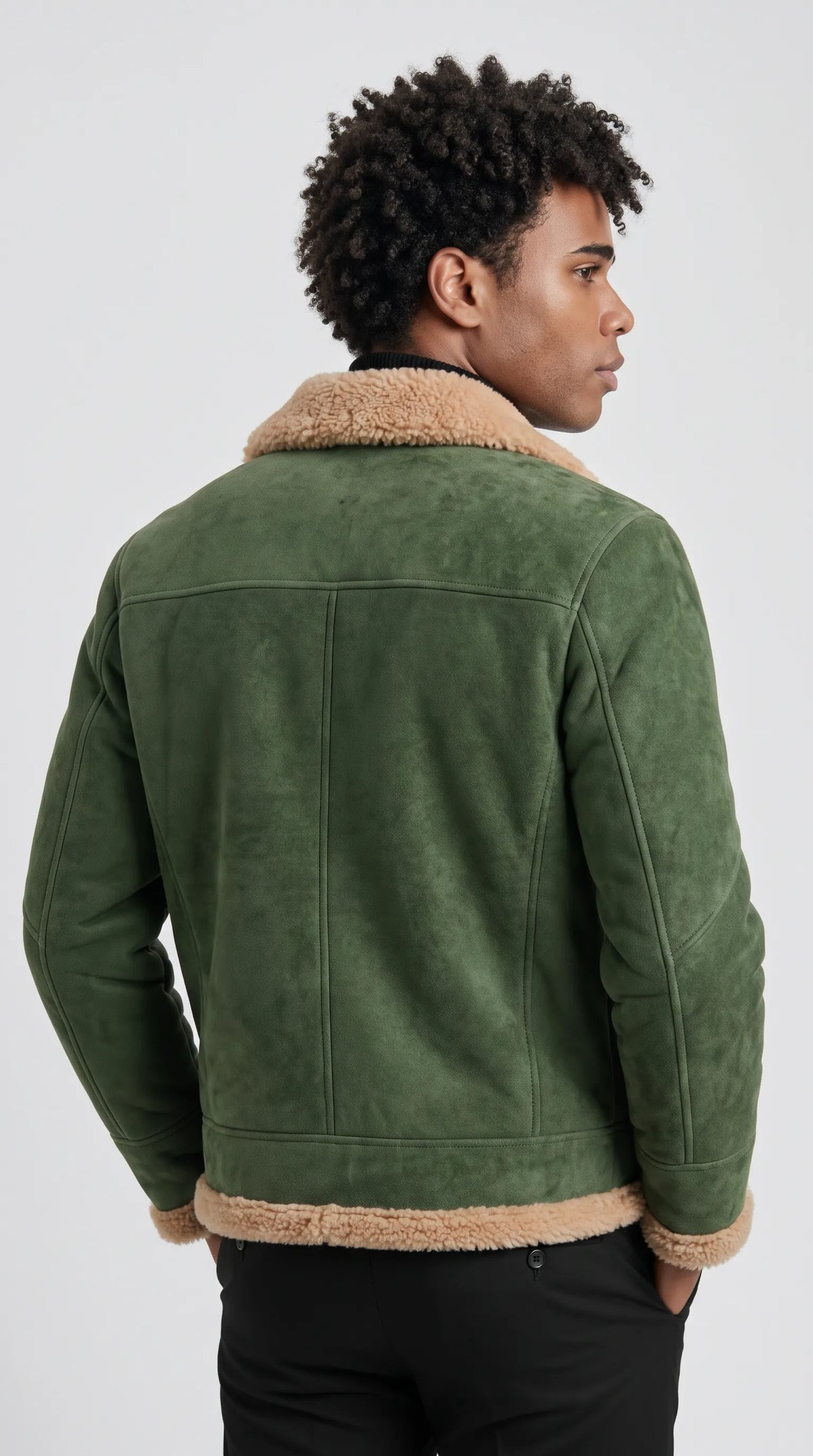 OLIVE GREEN SUEDE AVIATOR JACKET WITH CREAM SHEARLING
