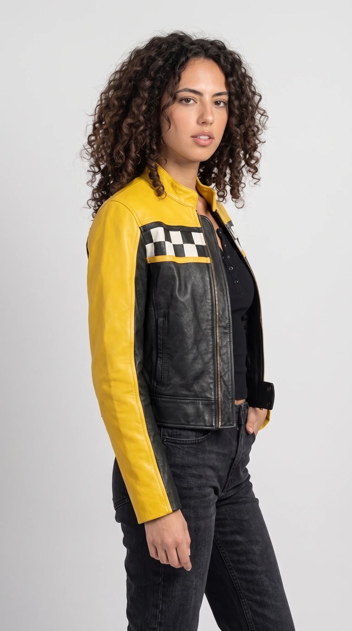 BOLD BLACK AND YELLOW LEATHER CAFE RACER JACKET