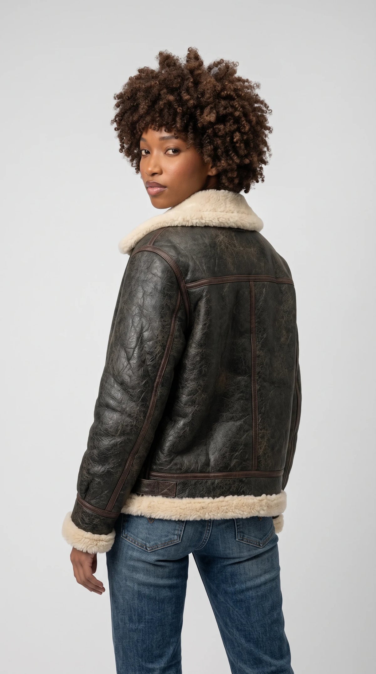 PREMIUM BLACK LEATHER AVIATOR FLIGHT JACKET WITH FAUX CREAM SHEARLING