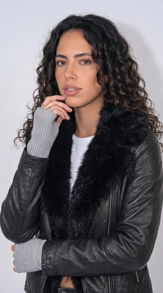 BLACK LEATHER BIKER AVIATOR FLIGHT JACKET WITH PLUSH BLACK FAUX FUR