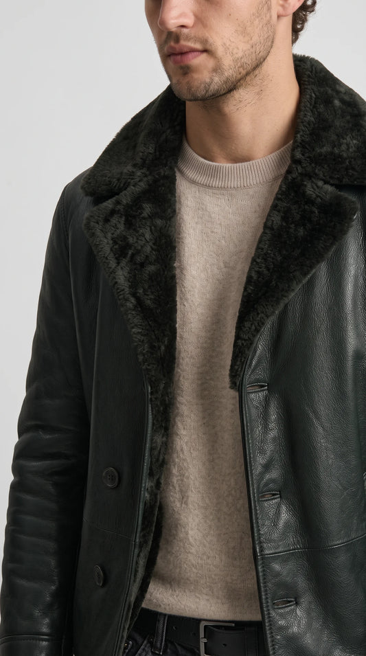 BLACK LEATHER PEACOAT WITH BLACK SHEARLING
