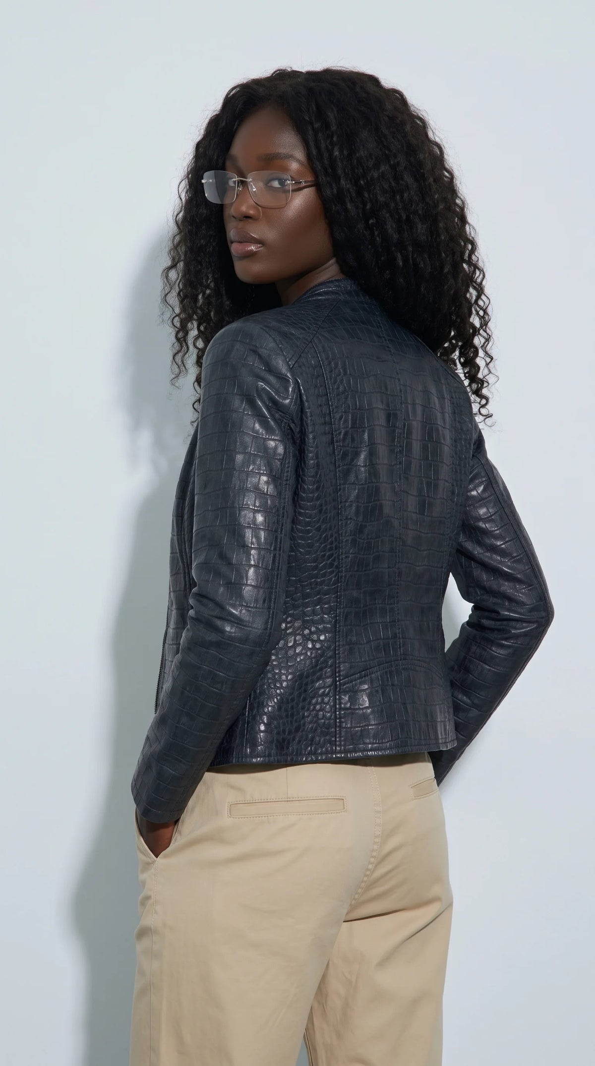 WOMEN BLACK CROCODILE LEATHER JACKET