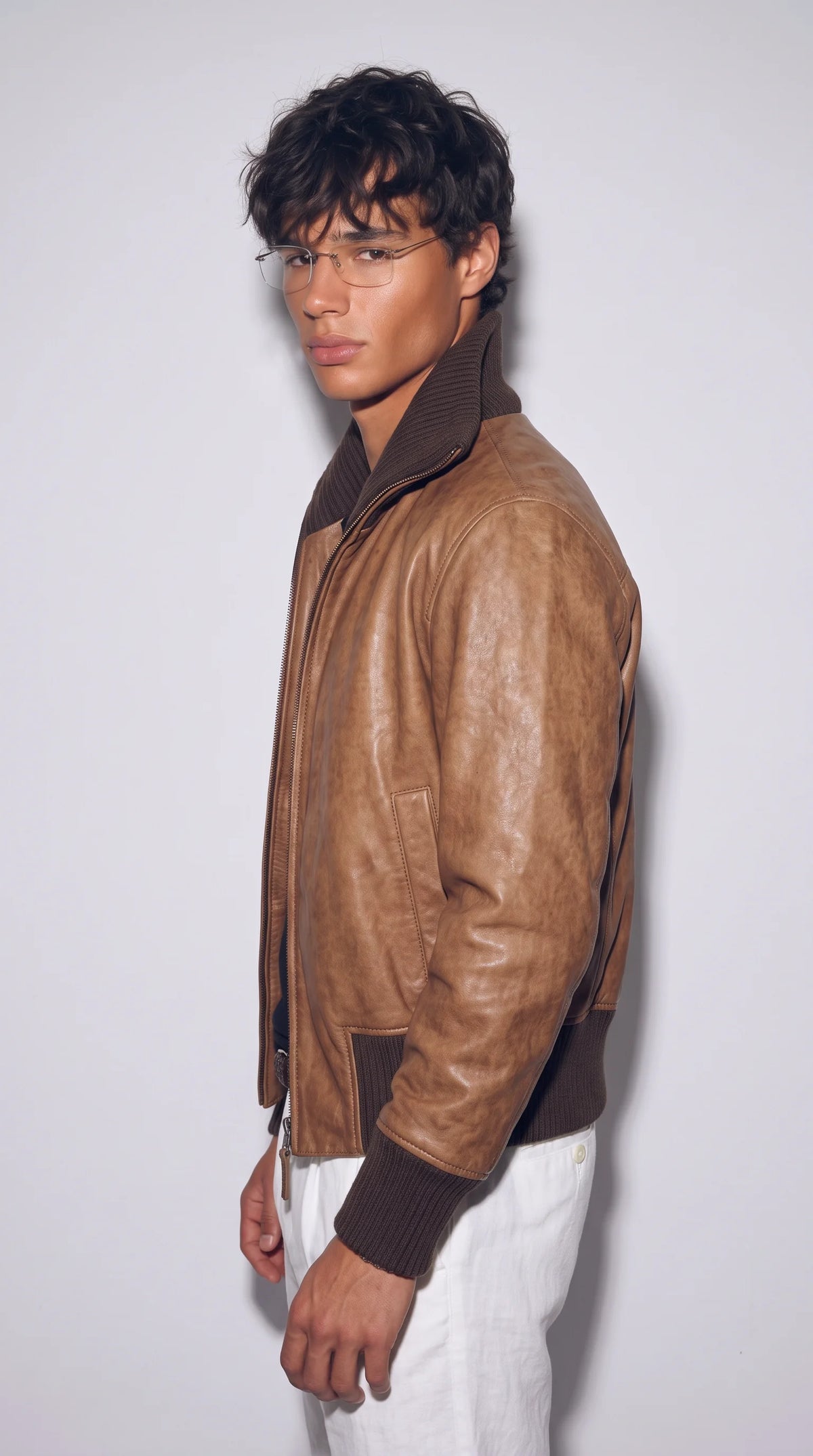 DARK BROWN LEATHER BOMBER JACKET