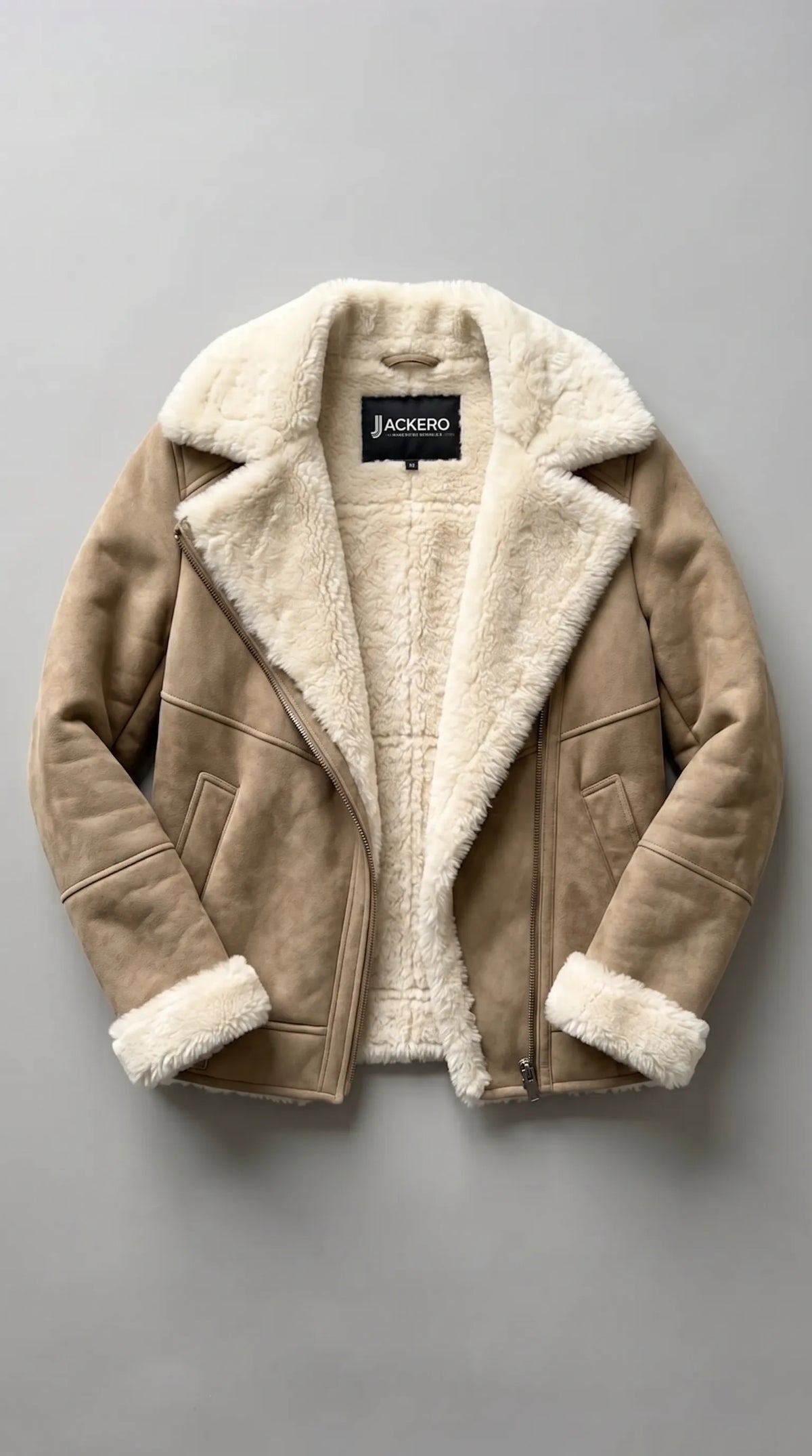 BEIGE SUEDE AVIATOR FLIGHT JACKET WITH SHEARLING