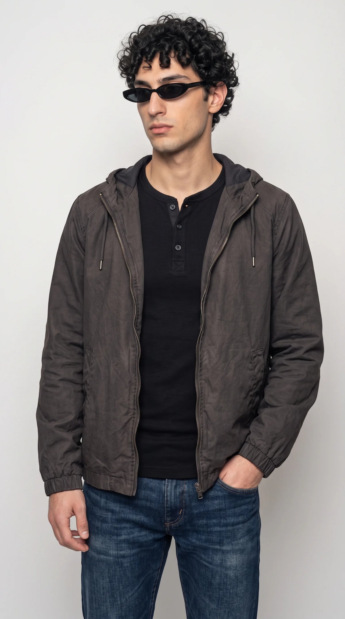DARK GREY SILK-COTTON HOODED JACKET