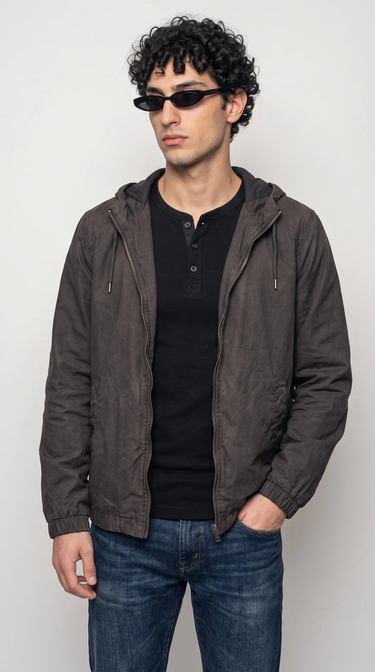 DARK GREY SILK-COTTON HOODED JACKET
