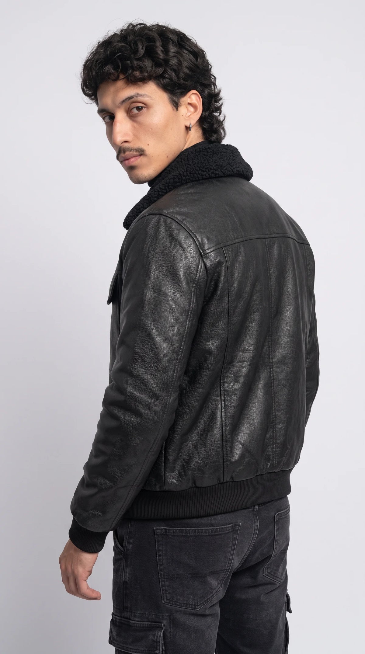 BLACK LEATHER JACKET WITH BLACK SHEARLING