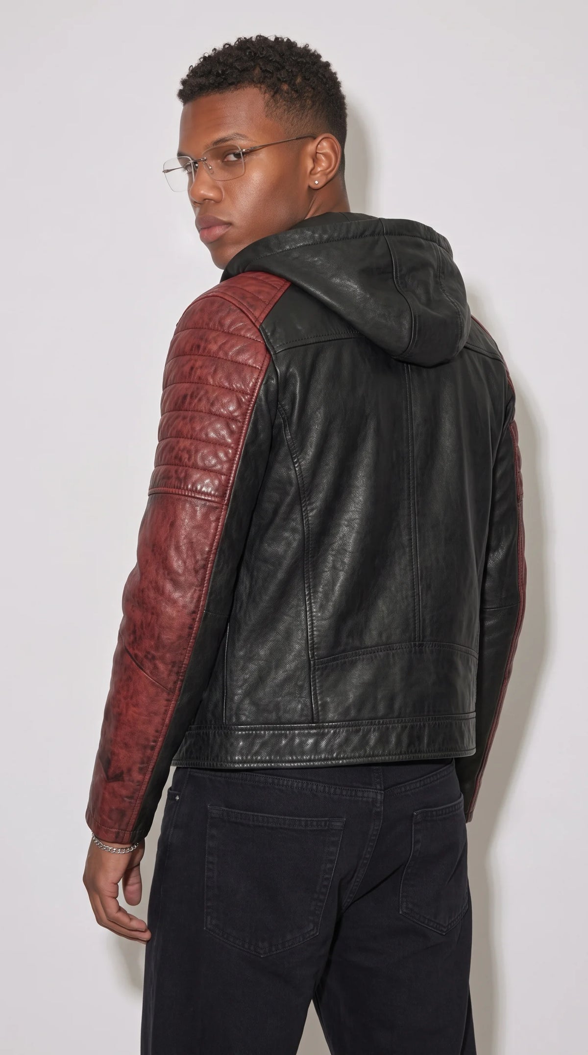PREMIUM DARK BLACK AND RED QUILTED LEATHER JACKET WITH HOOD