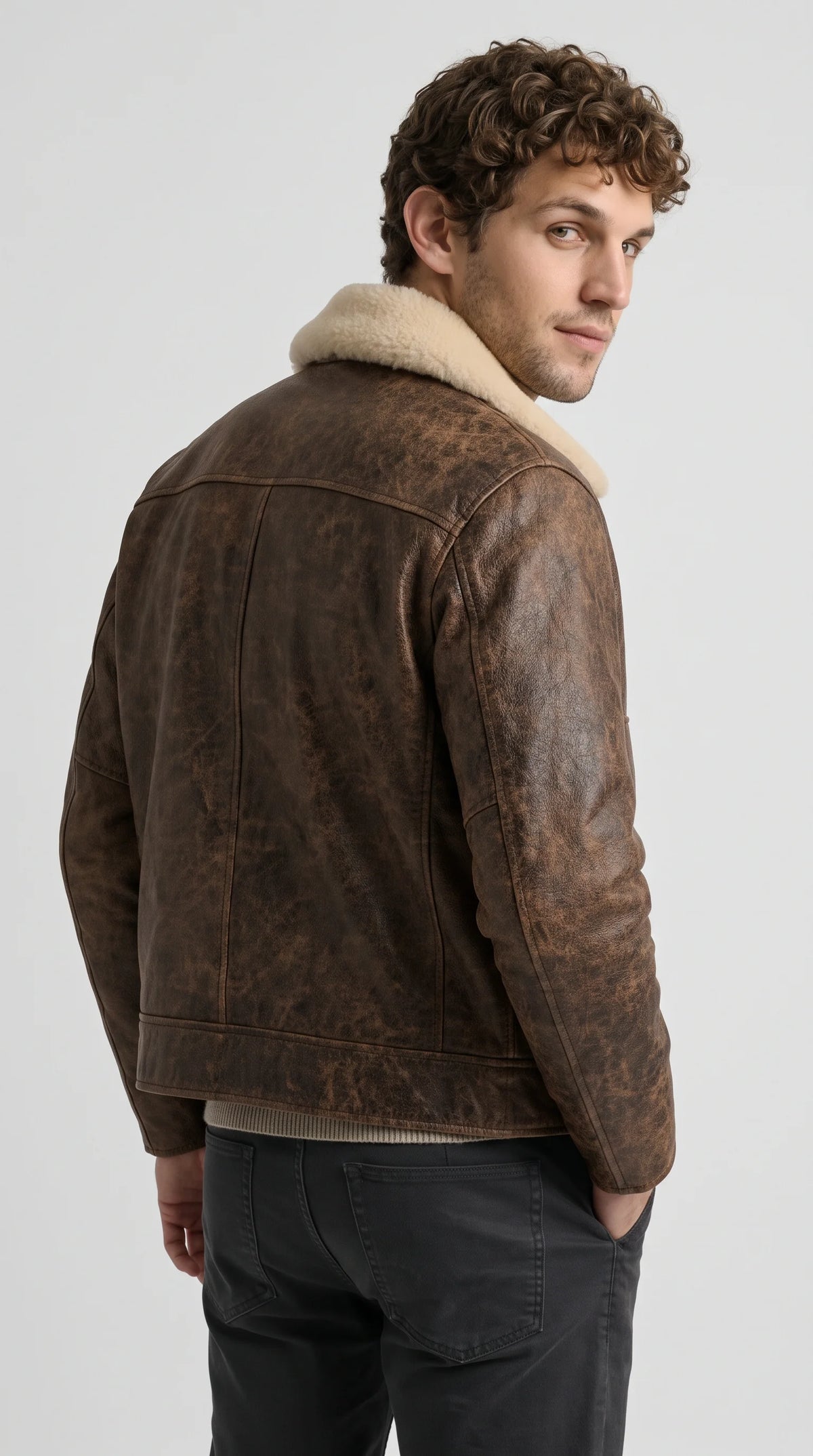 DARK BROWN DISTRESSED LEATHER FLIGHT JACKET WITH CREAM SHEARLING