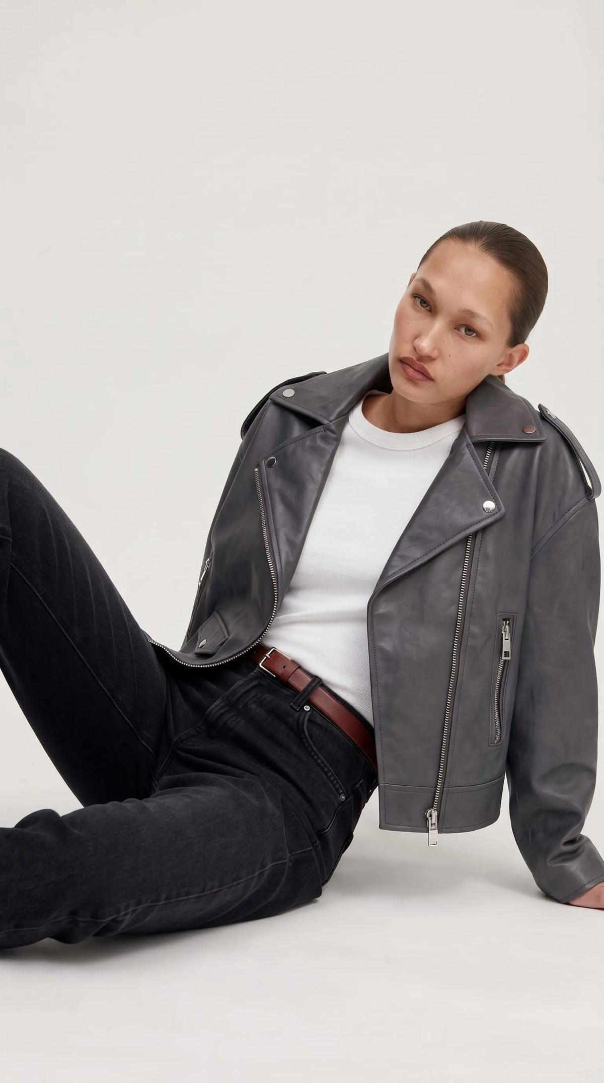 GREY LEATHER BIKER JACKET