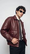 DARK RED LEATHER OVERSIZED BOMBER JACKET