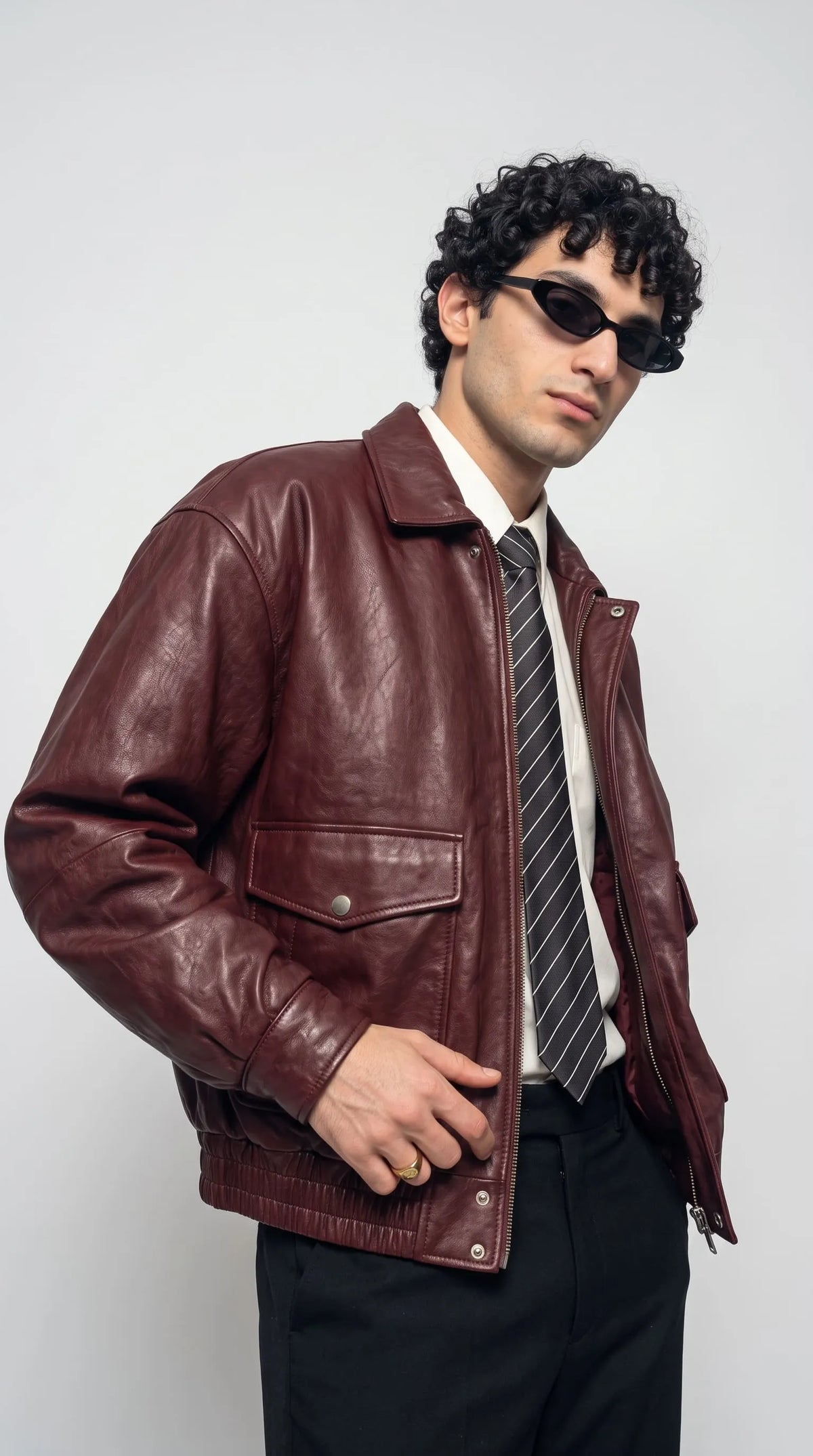 DARK RED LEATHER OVERSIZED BOMBER JACKET