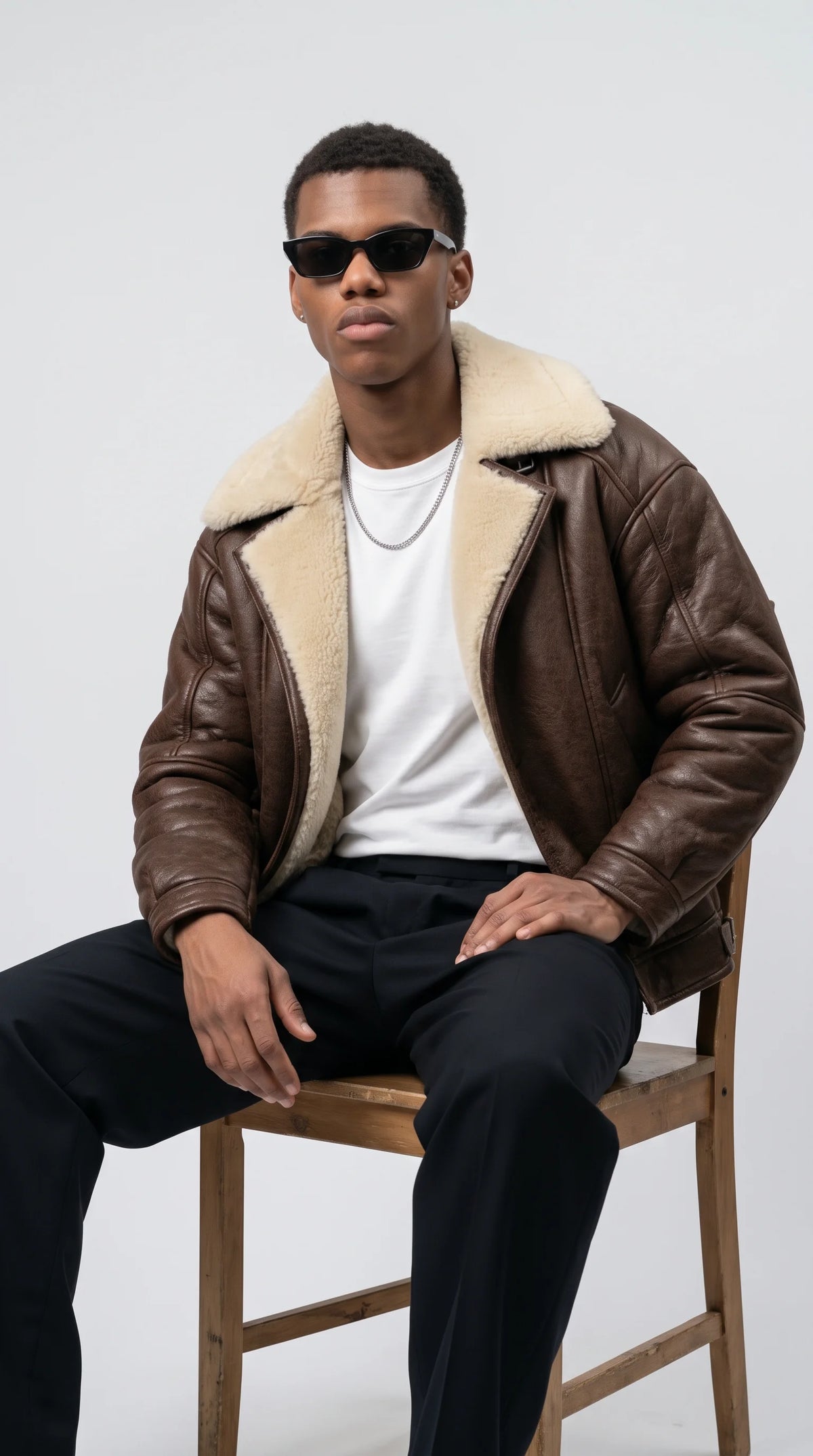 DARK BROWN LEATHER AVIATOR JACKET WITH CREAM SHEARLING