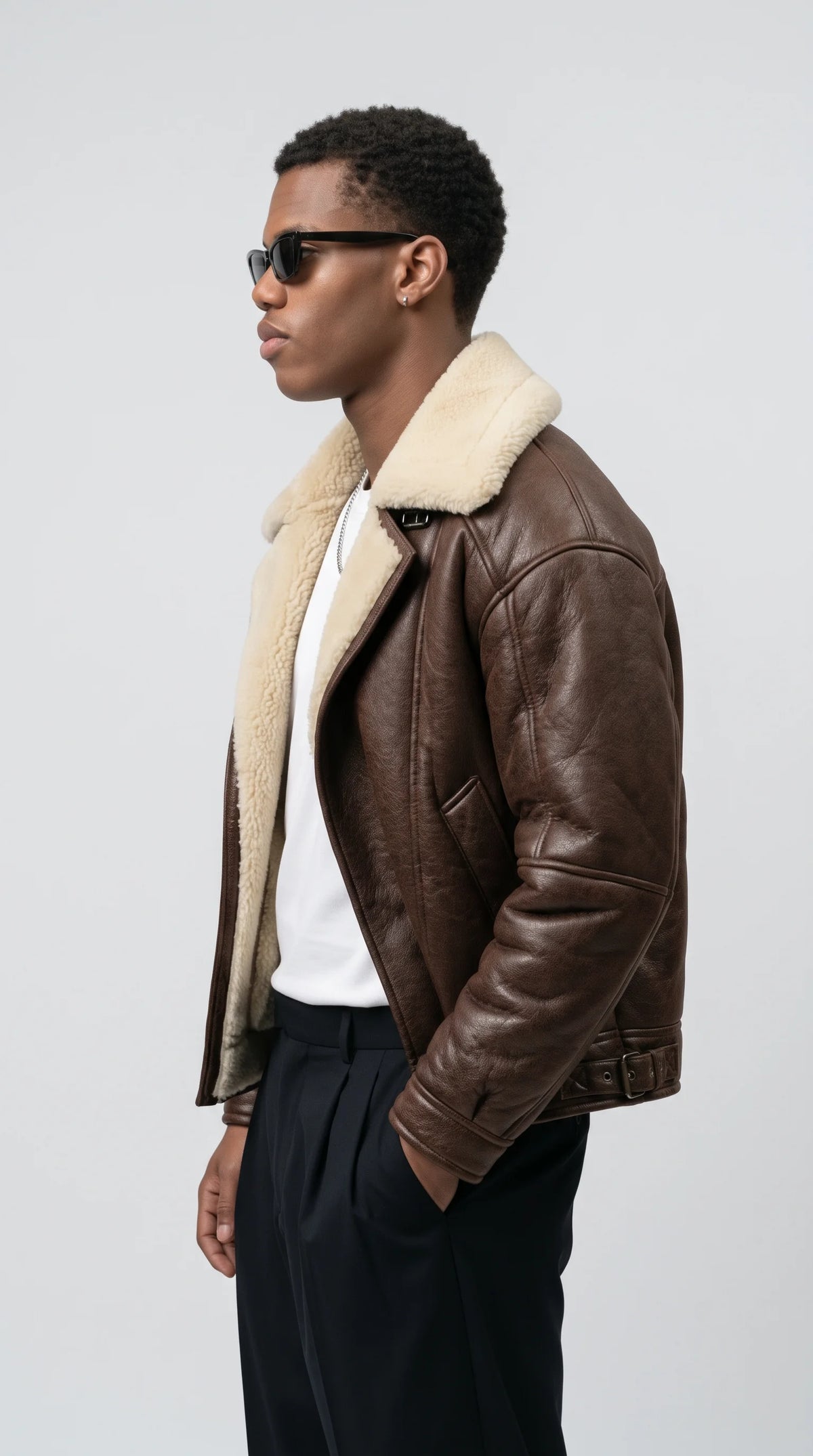DARK BROWN LEATHER AVIATOR JACKET WITH CREAM SHEARLING