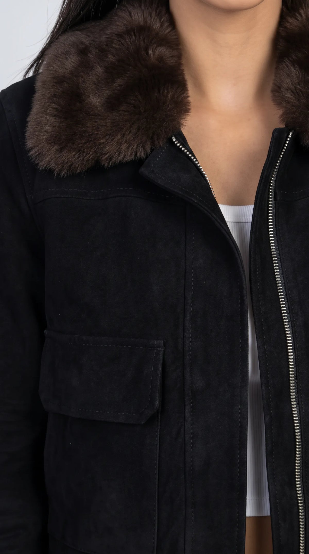 DARK BLACK SUEDE JACKET WITH DARK CHOCOLATE SHEARLING