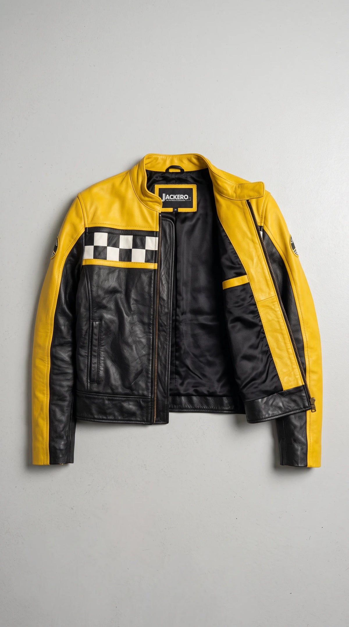 BOLD BLACK AND YELLOW LEATHER CAFE RACER JACKET