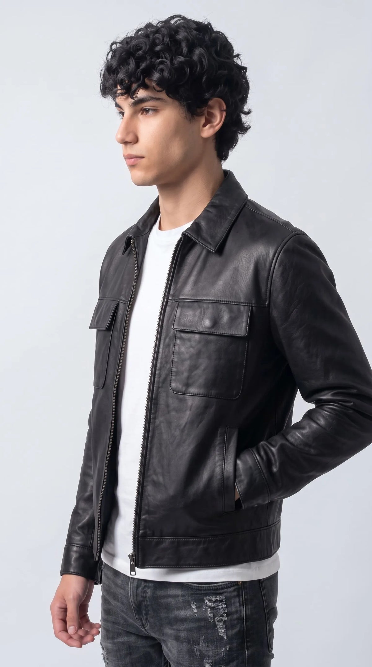 DARK BLACK LEATHER BOMBER JACKET
