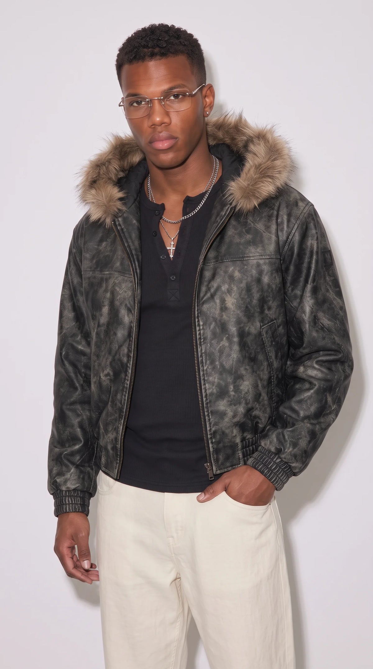 BLACK DISTRESSED LEATHER YK2 JACKET WITH FUR HOOD