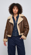 BROWN LEATHER CROPPED AVIATOR FLIGHT JACKET WITH CREAM SHEARLING