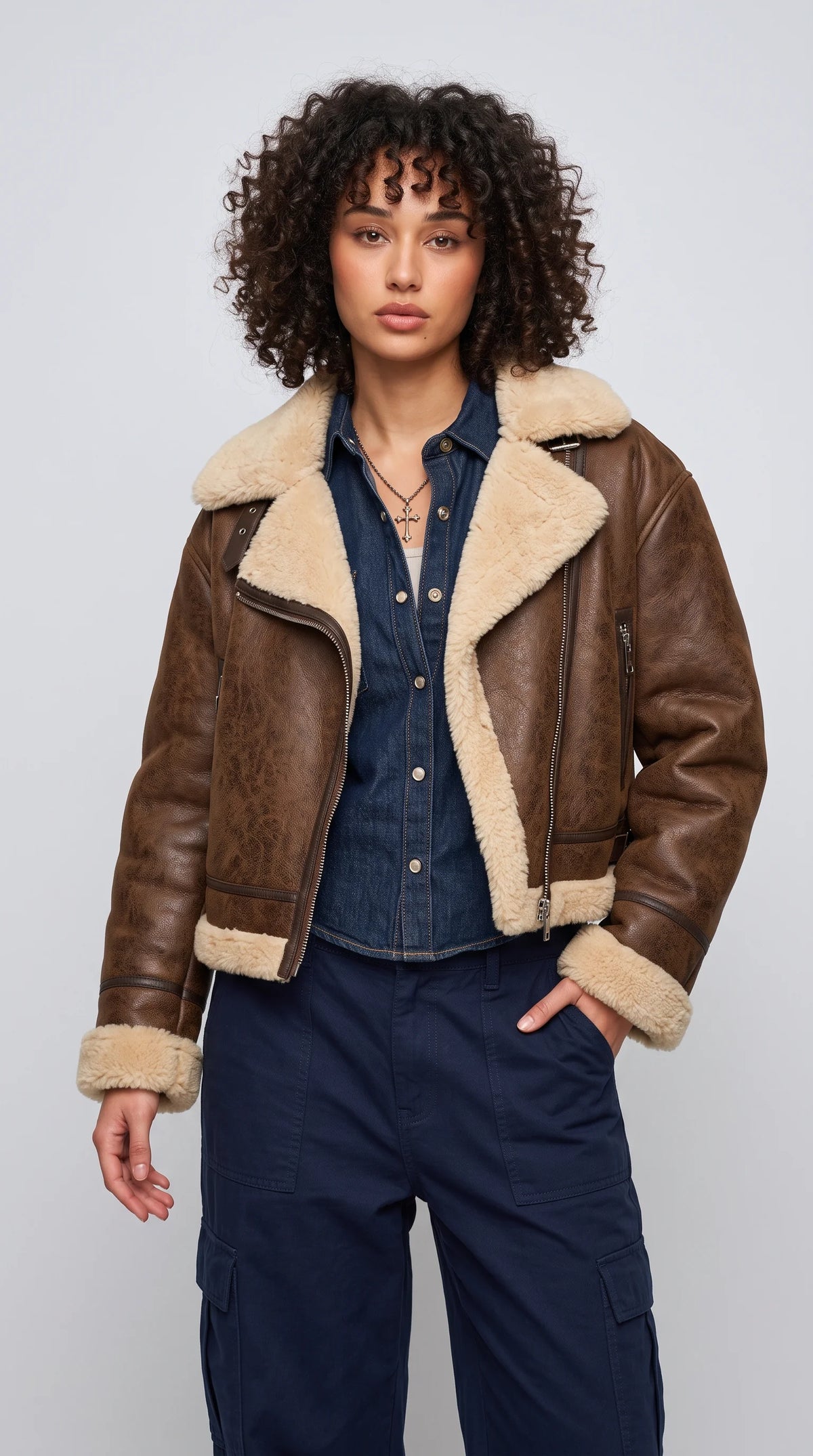 BROWN LEATHER CROPPED AVIATOR FLIGHT JACKET WITH CREAM SHEARLING
