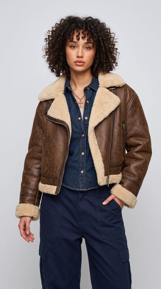 BROWN LEATHER CROPPED AVIATOR FLIGHT JACKET WITH CREAM SHEARLING