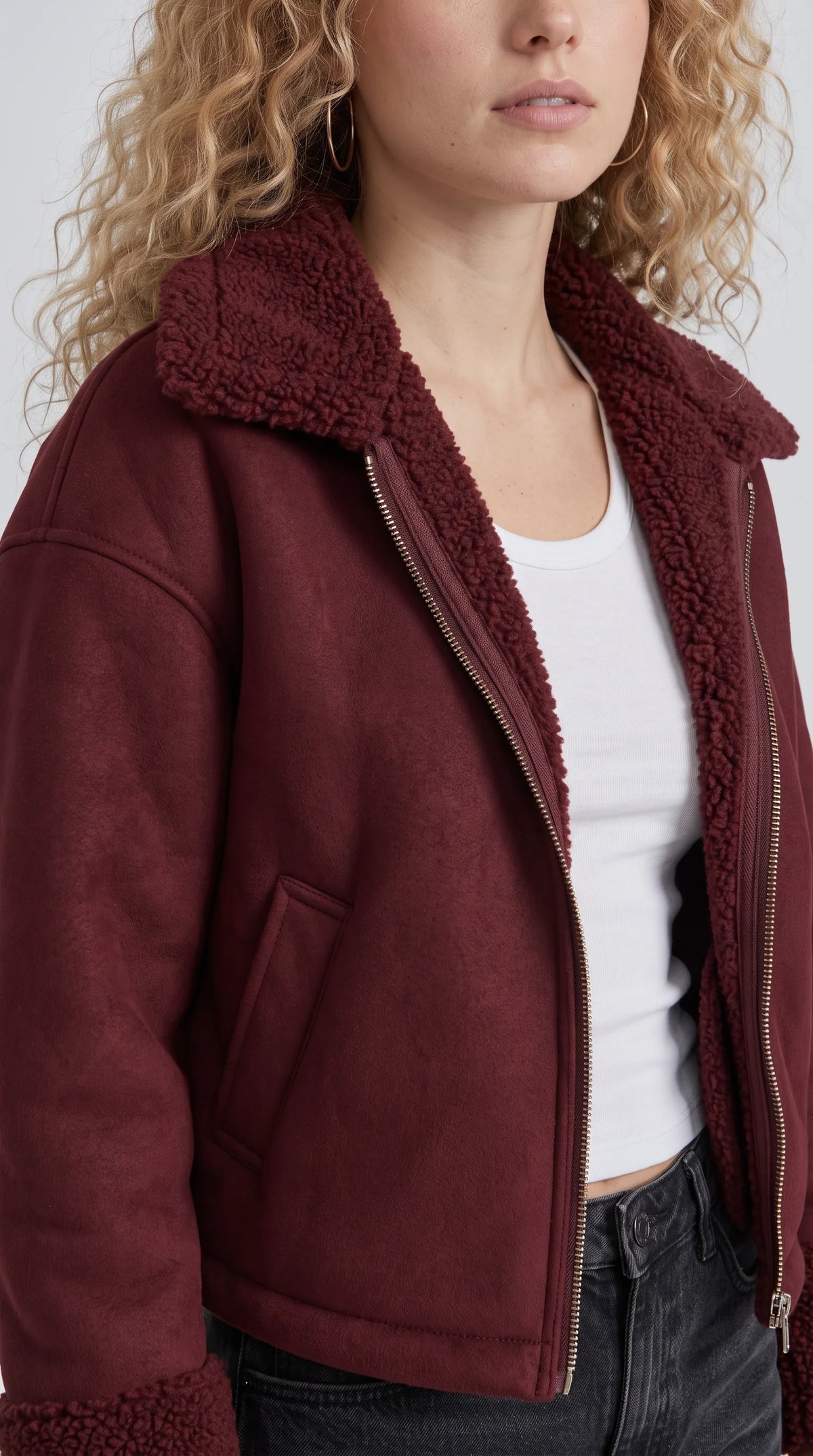 DARK MAROON SUEDE AVIATOR JACKET WITH SHEARLING