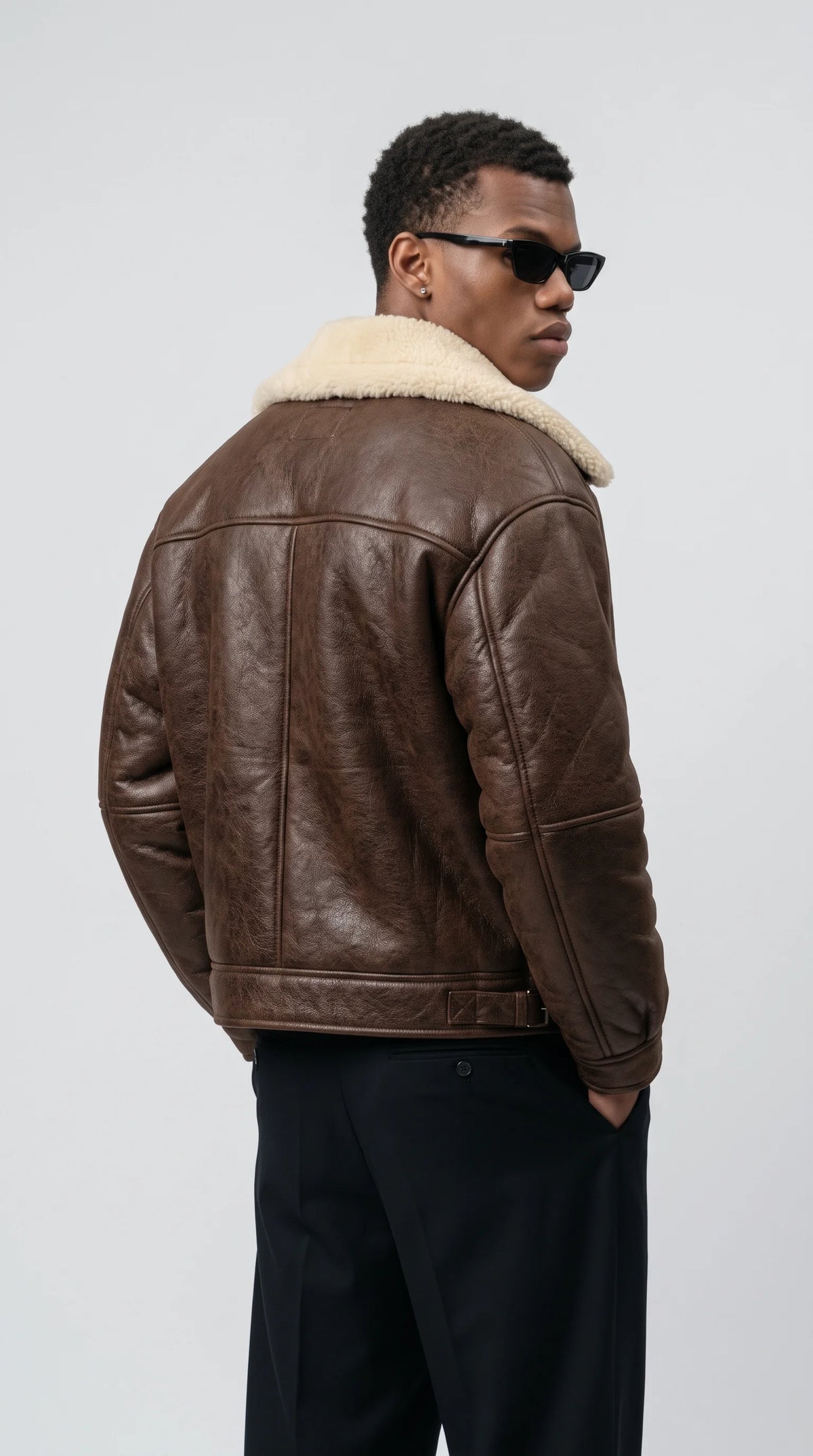 DARK BROWN LEATHER AVIATOR JACKET WITH CREAM SHEARLING