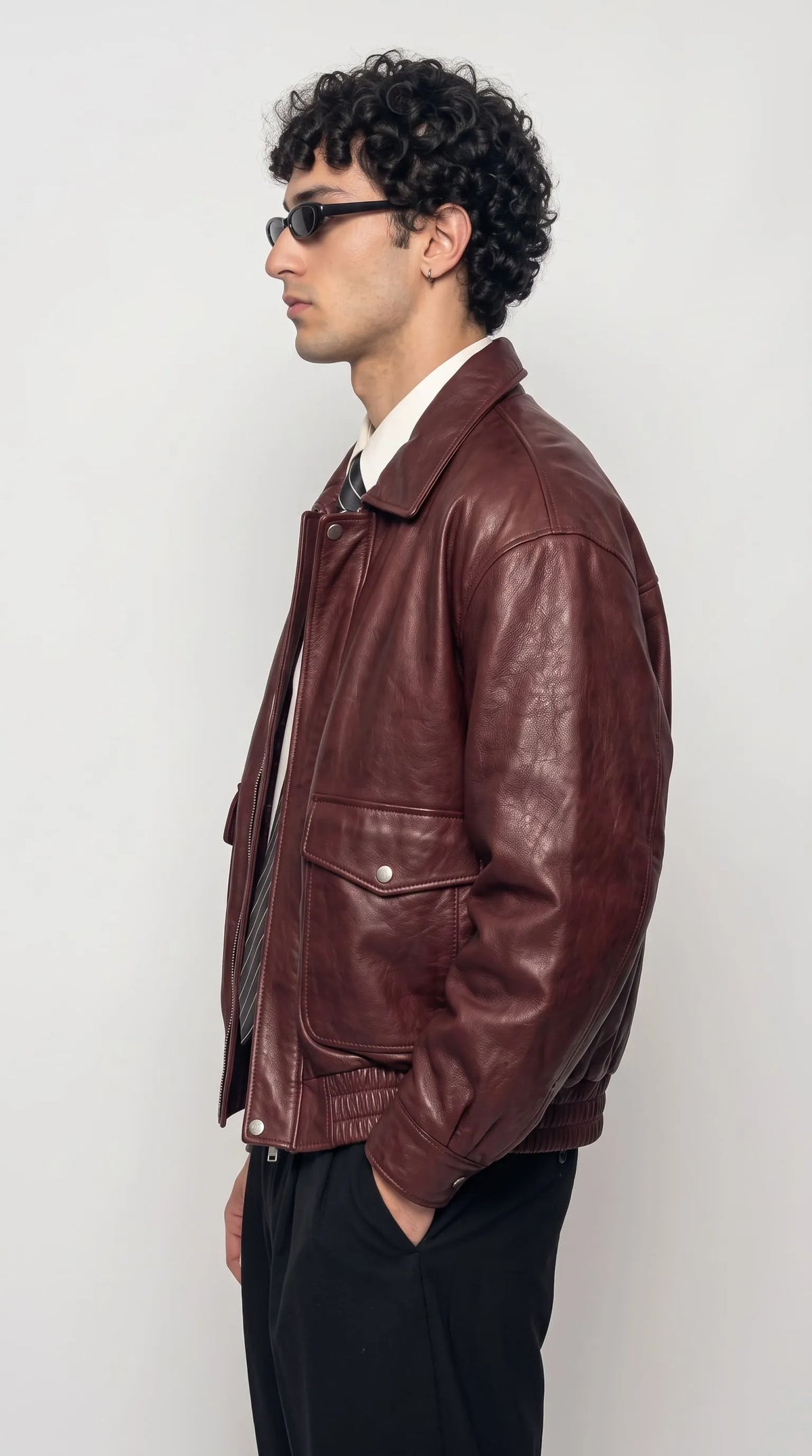 DARK RED LEATHER OVERSIZED BOMBER JACKET
