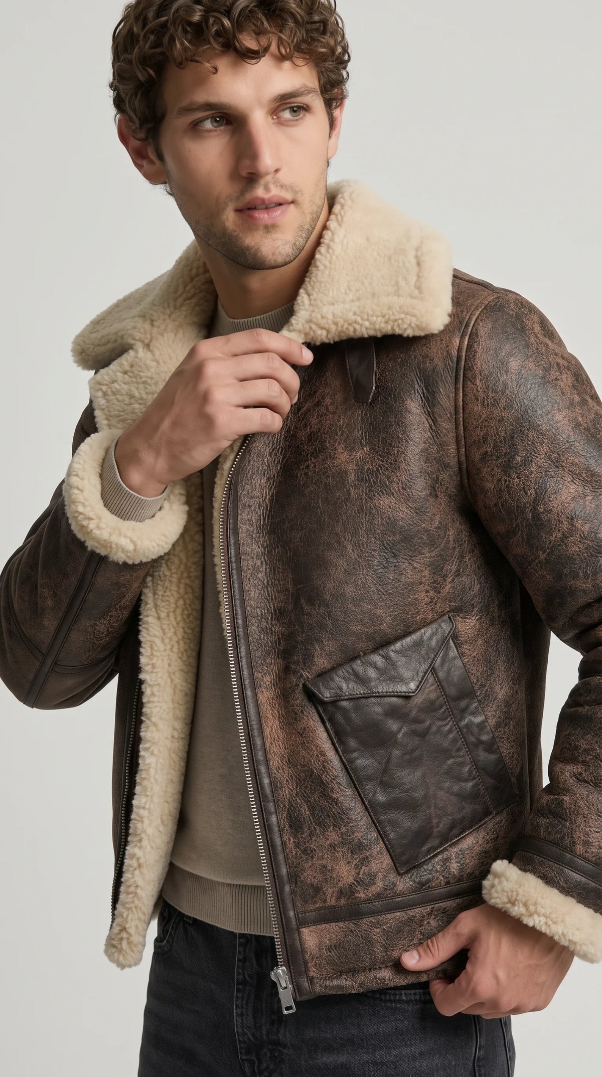 DARK BROWN DISTRESSED AVIATOR JACKET WITH CREAM SHEARLING