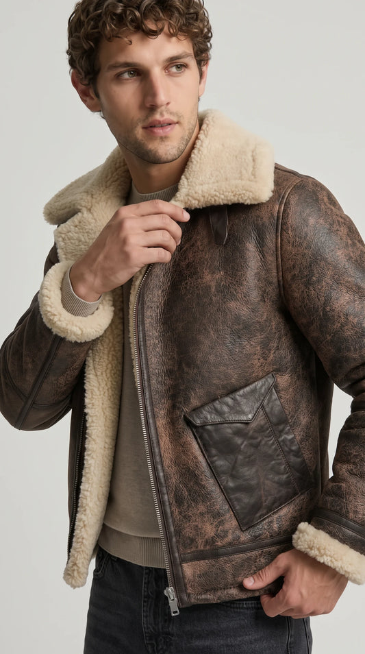 DARK BROWN DISTRESSED AVIATOR JACKET WITH CREAM SHEARLING