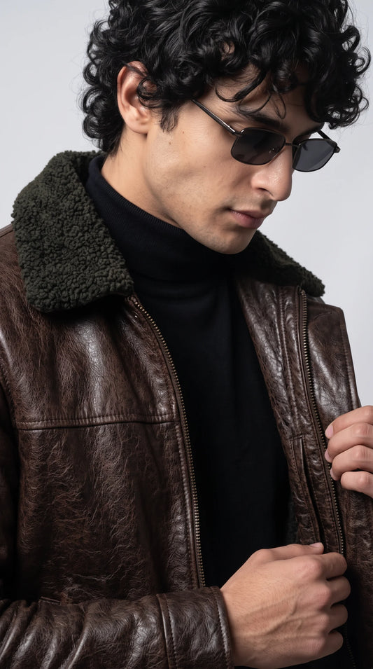DARK BROWN LEATHER JACKET WITH BLACK SHEARLING