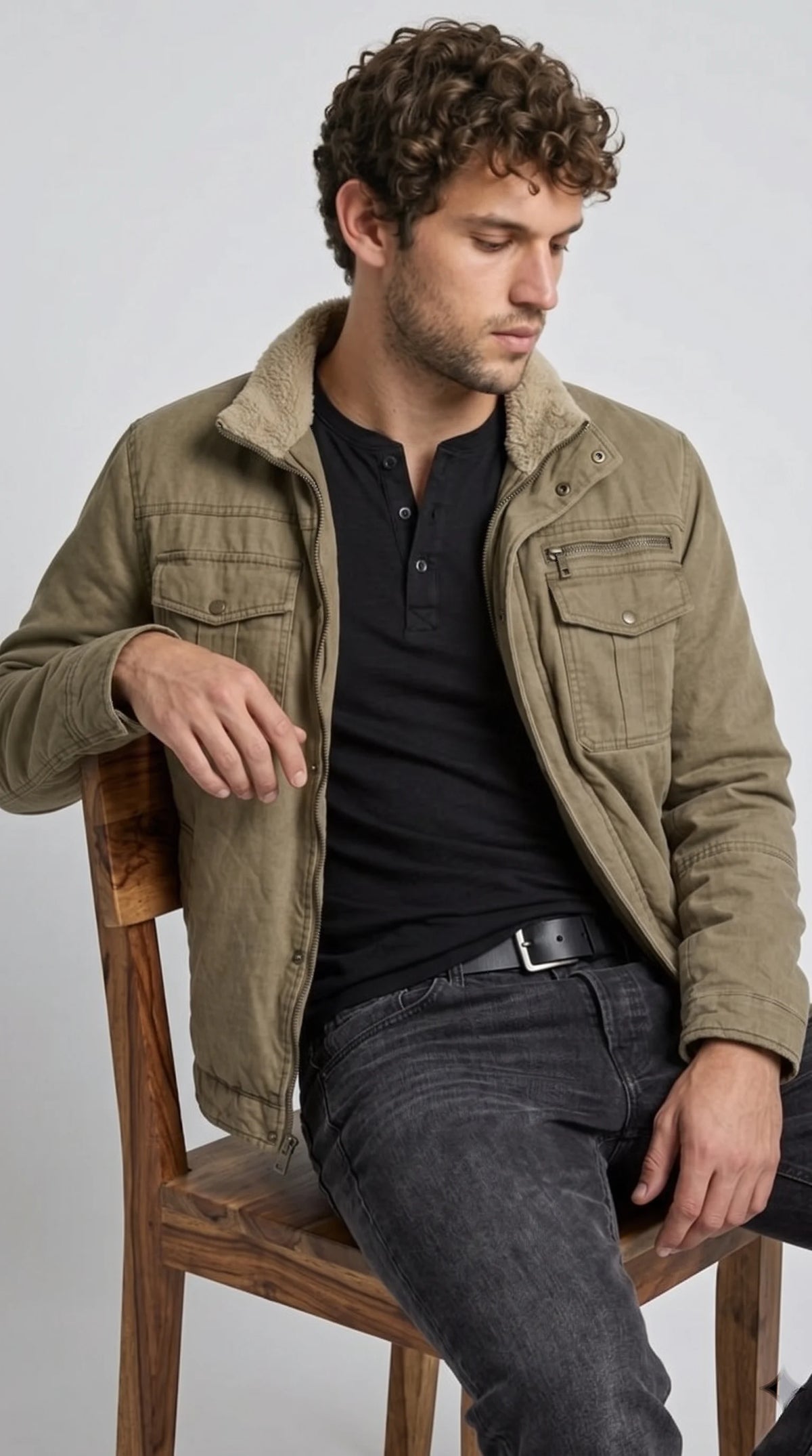 OLIVE COTTON SHEARLING JACKET