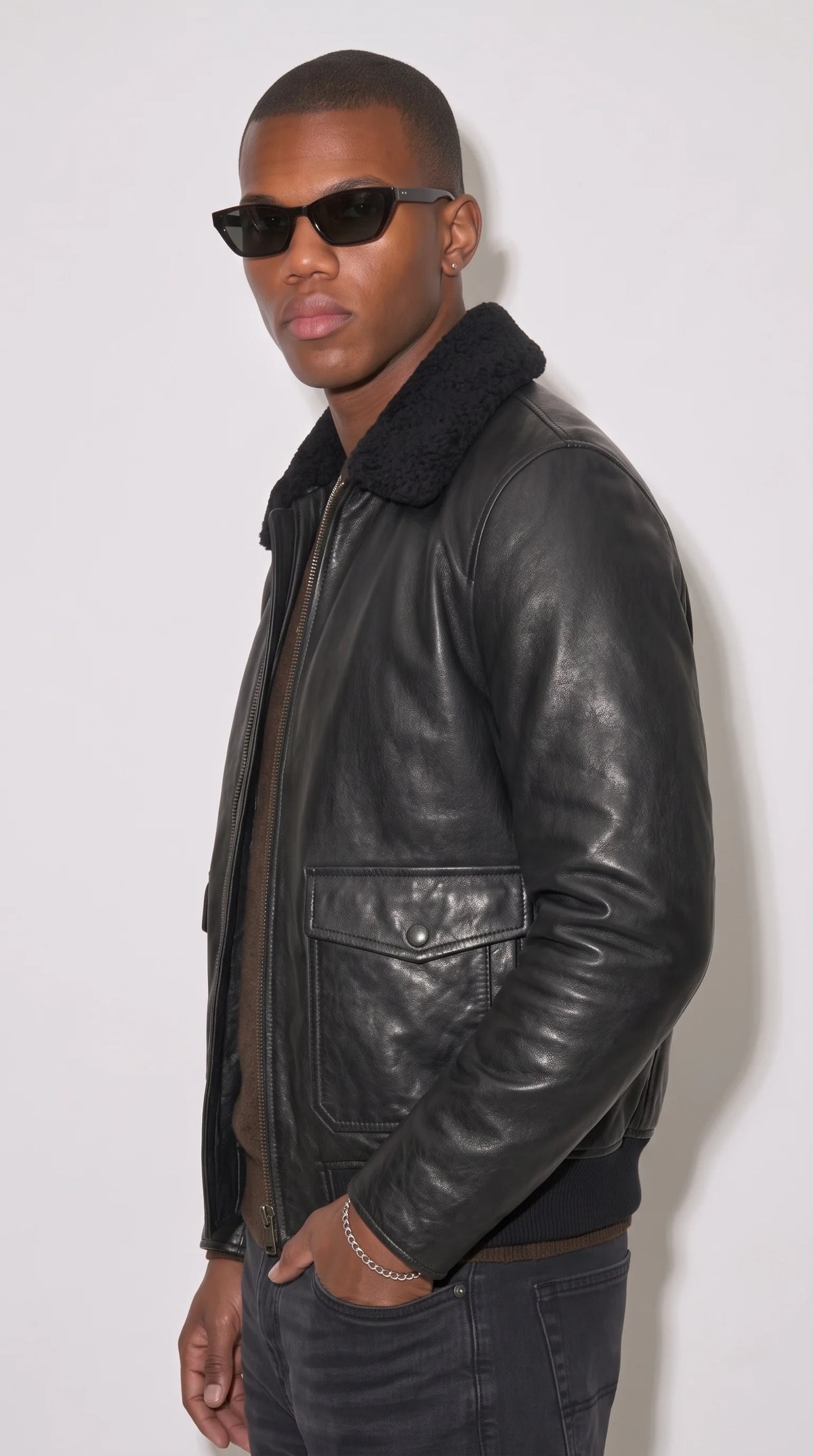 BLACK LEATHER BOMBER JACKET WITH BLACK SHEARLING
